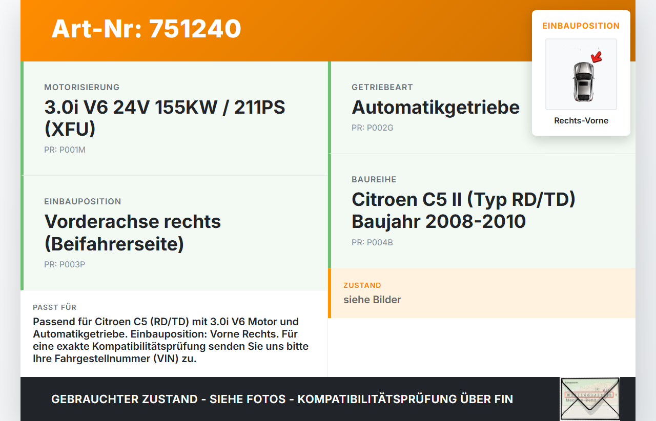 Citroen C5 RD TD 08-10 3,0i 155KW Autom Antriebswelle Gelenkwelle Rechts Vorne Citroen C5 RD TD 08-10 08.08.2008... Vorschau 3