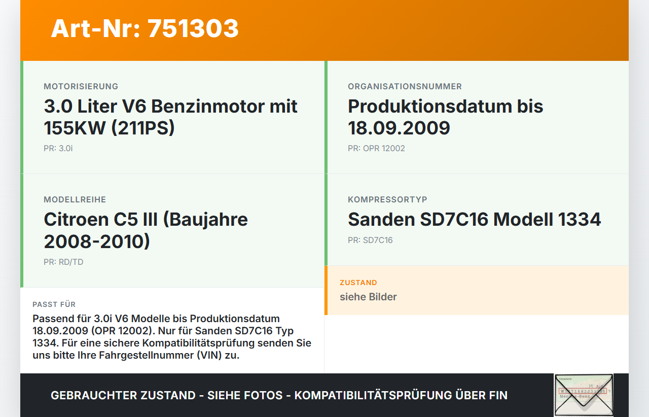 Citroen C5 RD TD 08-10 3,0i 155KW Klimakompressor Klima Kompressor Citroen C5 RD TD 08-10 08.08.2008 6453XW... Vorschau 3