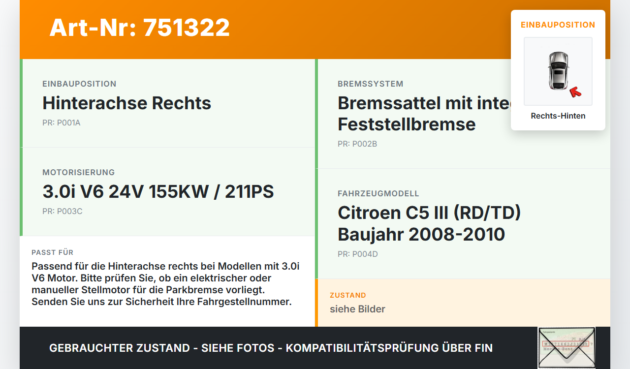 Citroen C5 RD TD 08-10 3,0i 155KW Bremssattel Bremszange Hinten Rechts Citroen C5 RD TD 08-10 08.08.2008 1651760080... Vorschau 3