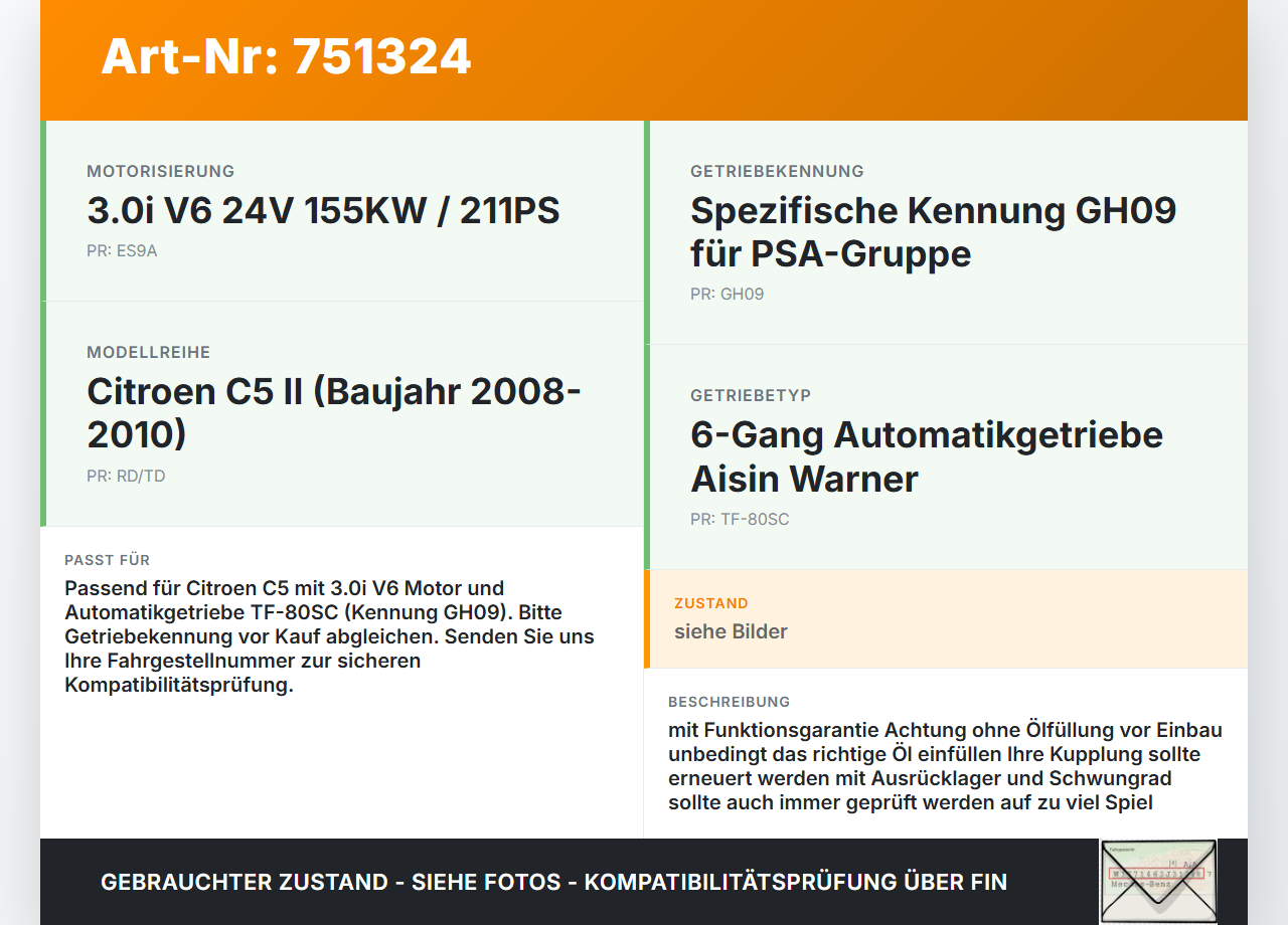 Citroen C5 RD TD 08-10 3,0i 155KW Autom GH09 Schaltgetriebe Getriebe GH09 TF-80SC Citroen C5 RD TD 08-10 08.08.2008... Vorschau 3