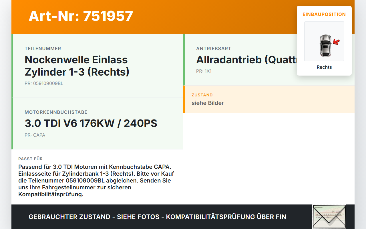 Audi A5 8T QU 07-12 TDI 3,0 176KW CAPA Nockenwelle Einlass 1-3 Rechts Audi A5 8T QU 07-12 03.09.2007 059109009BL... Vorschau 3