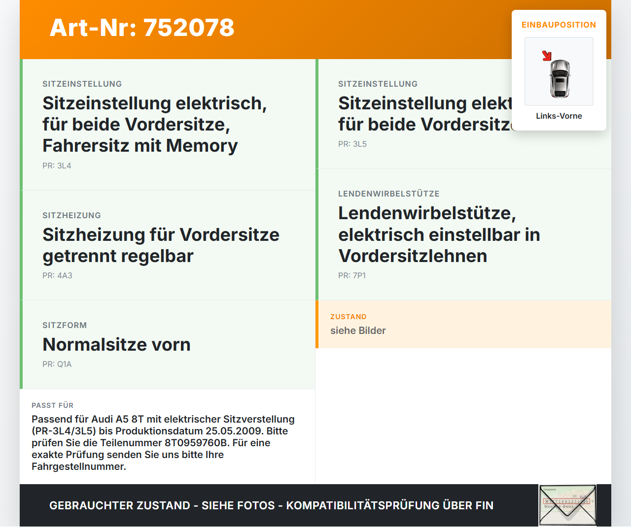 Audi A5 8T QU 07-12 Steuergerät ECU Modul Sitzkontrolle SG Links Vorne Audi A5 8T QU 07-12 03.09.2007 8T0959760B... Vorschau 3