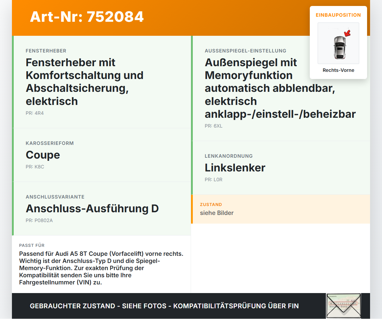 Audi A5 8T QU 07-12 Coupe Fensterhebermotor Rechts Vorne Audi A5 8T QU 07-12 03.09.2007 8T0959802A 0390203468 gebraucht Vorschau 3