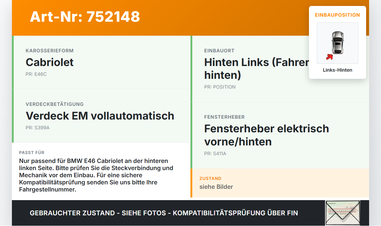 BMW E46 318CI 03-06 Cabriolet Fensterhebermotor mit Fensterheber Links Hinten BMW E46 318CI 03-06 03.06.2004... Vorschau 3