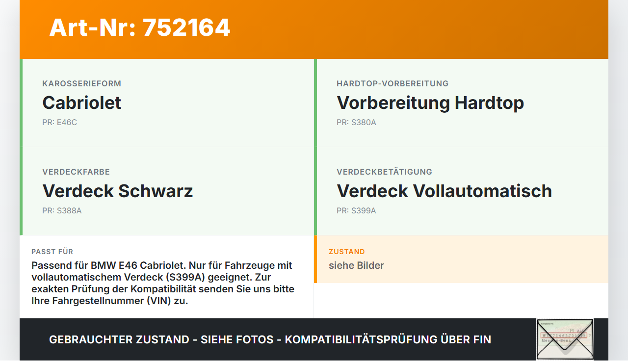 BMW E46 318CI 03-06 Cabriolet Gestänge für Verdeck BMW E46 318CI 03-06 03.06.2004 7030542 54347030542 - gebraucht Vorschau 3