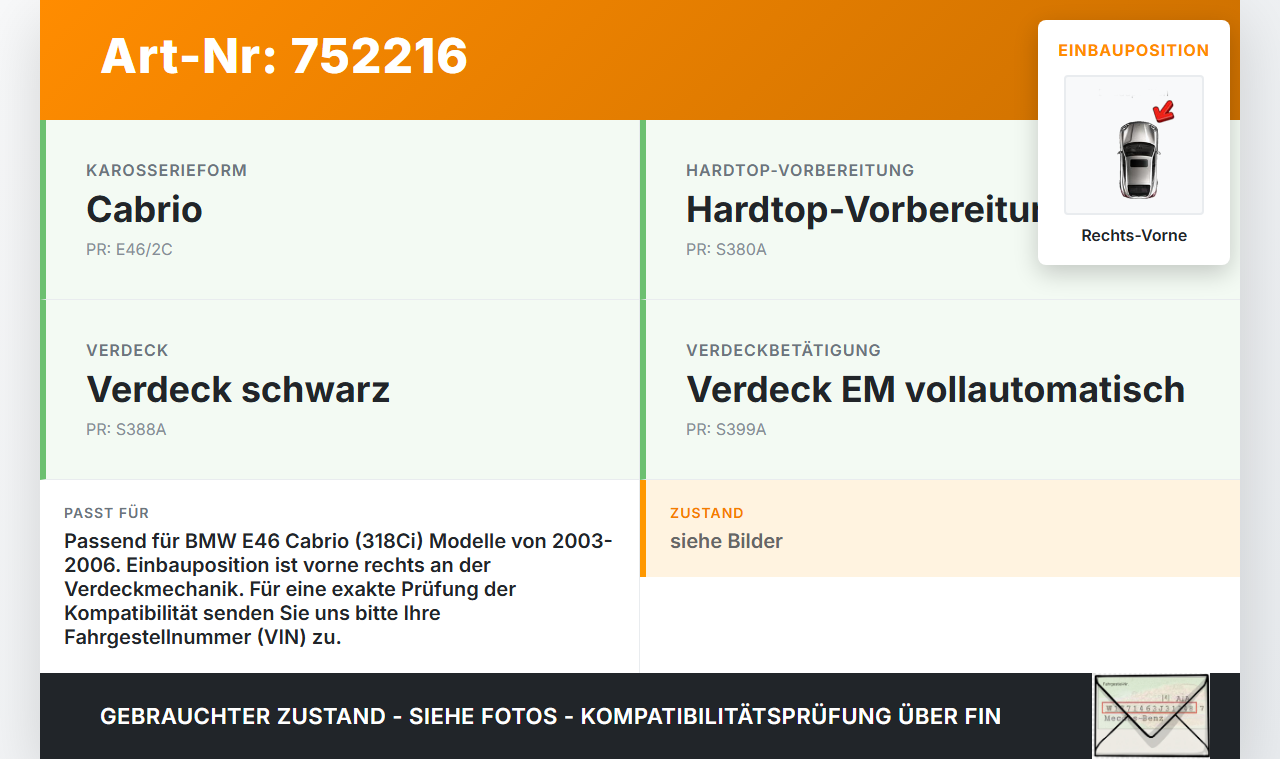 BMW E46 318CI 03-06 Laufschiene für Rechts Vorne Verdeck BMW E46 318CI 03-06 03.06.2004 7032152 54217032152 gebraucht Vorschau 3