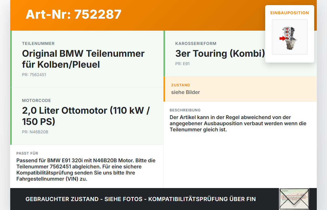 BMW E91 3er 320i 06-08 2,0 110KW N46B20B Kolben mit Pleuel Pos A BMW E91 3er 320i 06-08 06.12.2006 1125-7562451... Vorschau 3
