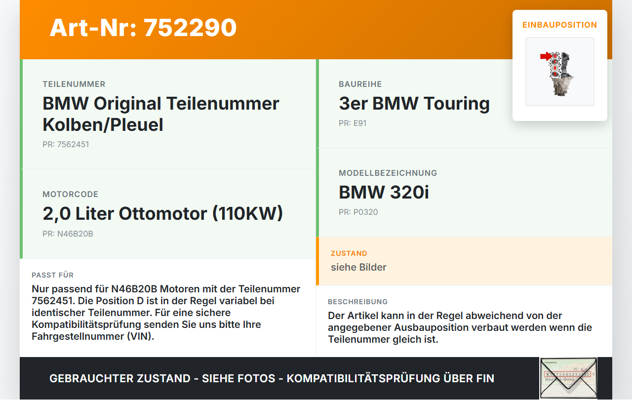 BMW E91 3er 320i 06-08 2,0 110KW N46B20B Kolben mit Pleuel Pos D BMW E91 3er 320i 06-08 06.12.2006 1125-7562451... Vorschau 3