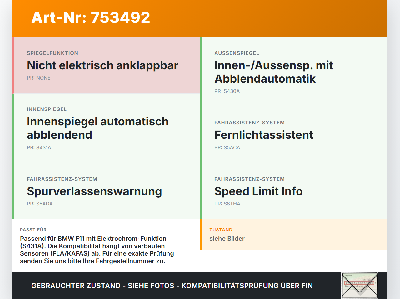 BMW F11 530dx 10-13 Innenspiegel Rückspiegel Spiegel Innen BMW F11 530dx 10-13 02.12.2011 9228257 51169228257... Vorschau 3