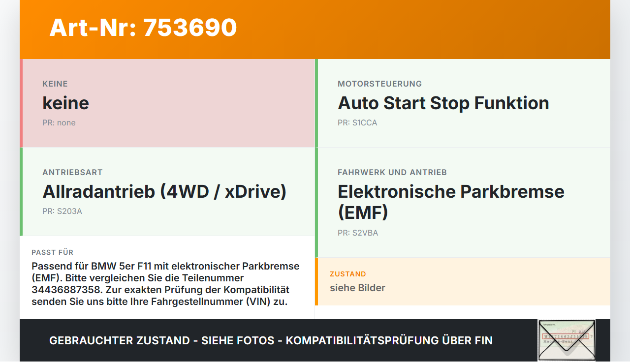 BMW F11 530dx 10-13 Steuergerät SG EMF BMW F11 530dx 10-13 02.12.2011 6887358 34436887358 32620264-A 6854856 gebraucht Vorschau 3