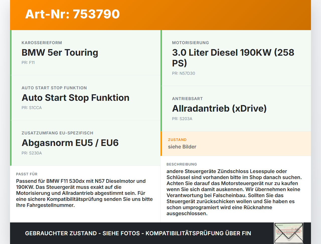 BMW F11 530dx 10-13 3,0d 190KW Steuergerät ECU für Motor Motorsteuergerät BMW F11 530dx 10-13 02.12.2011 8577835... Vorschau 3