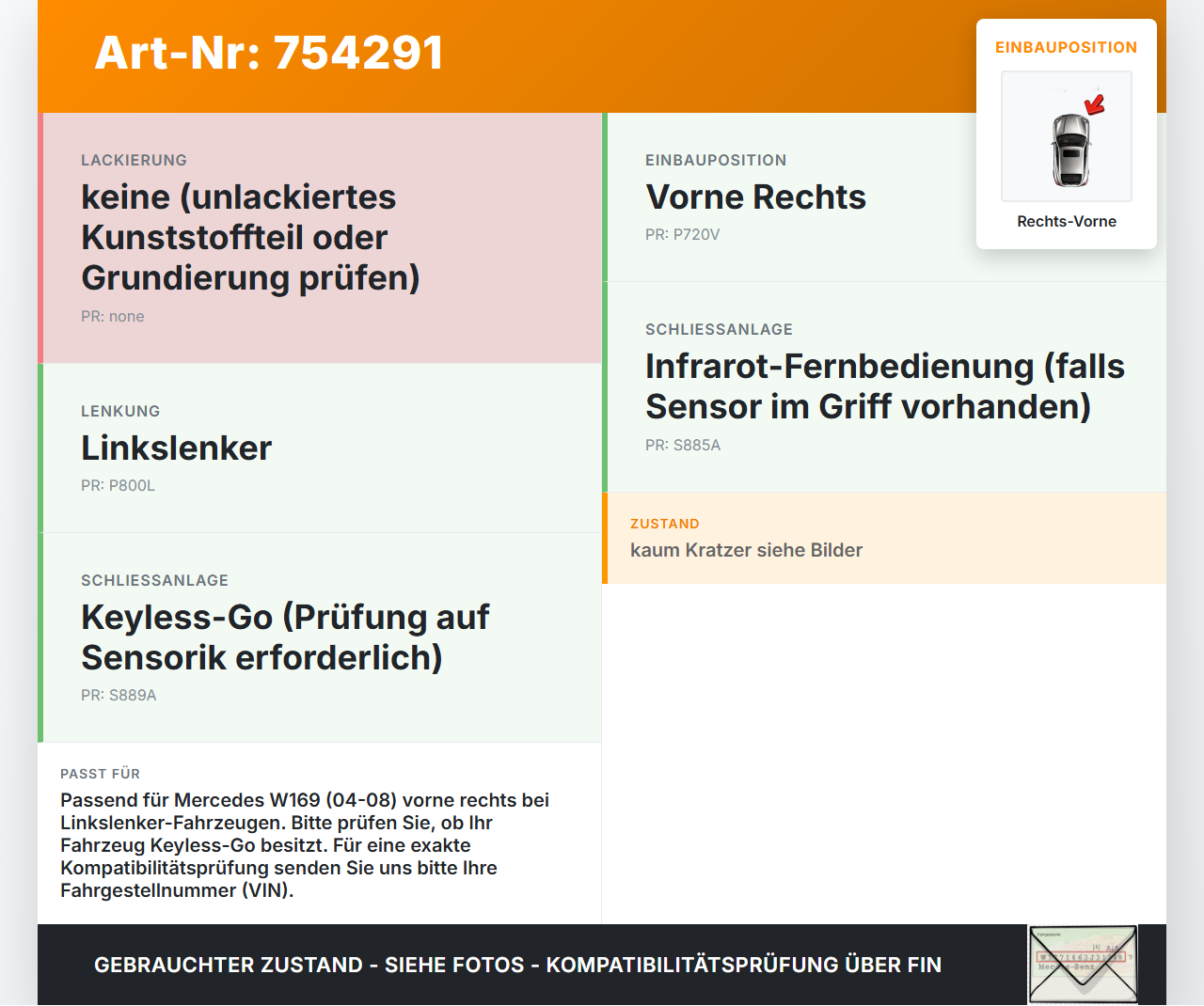 Mercedes A-Kl W169 04-08 Türgriff Griff aussen Rechts Vorne Mercedes A-Kl W169 04-08 21.09.2006 A1697202035 gebraucht Vorschau 3