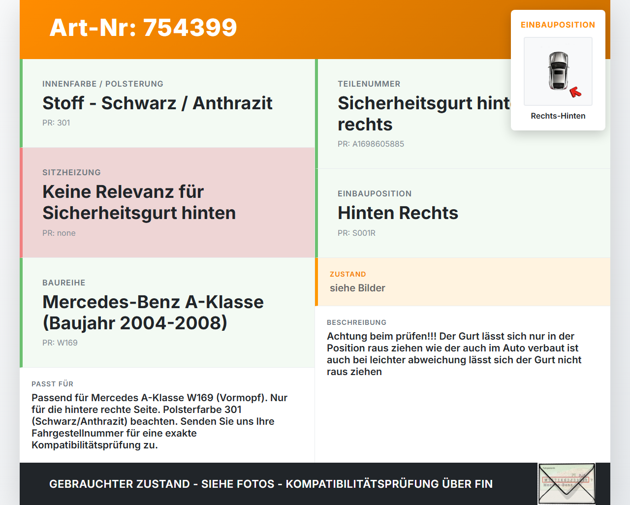 Mercedes A-Kl W169 04-08 Gurt Sicherheitsgurt Rechts Hinten Mercedes A-Kl W169 04-08 21.09.2006 A1698605885... Vorschau 3