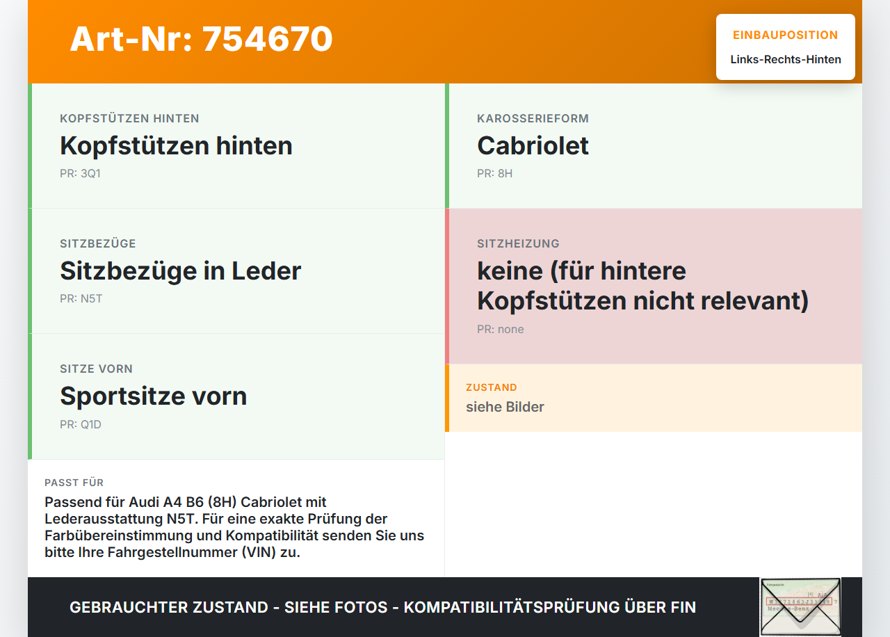 Audi A4 B6 8H 02-05 Leder Kopfstütze Rechts oder Links Hinten Audi A4 B6 8H 02-05 23.09.2003 8H0885905A gebraucht Vorschau 3