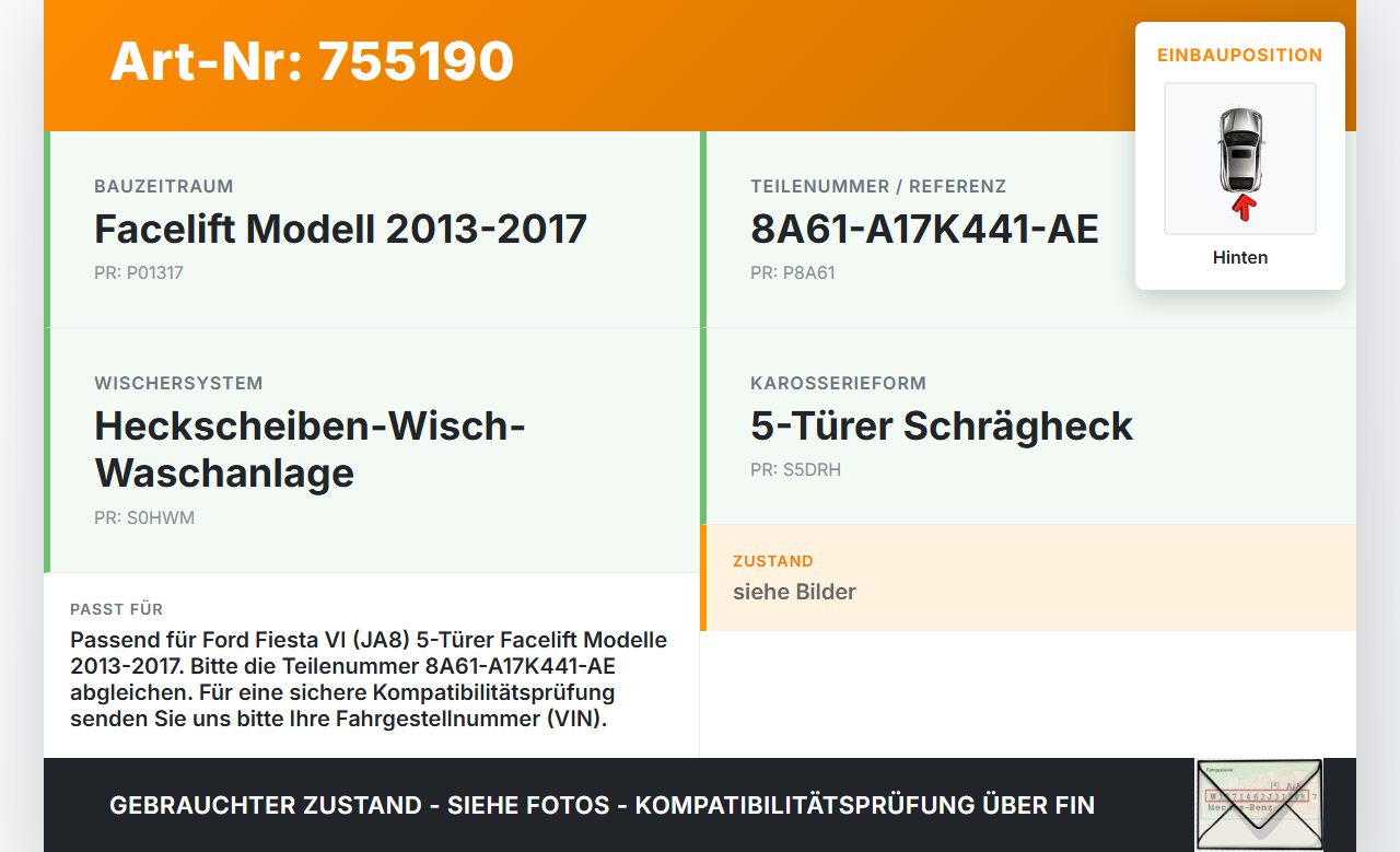 Ford Fiesta VI 6 13-17 5T Wischermotor Hinten Heckwischermotor Ford Fiesta VI 6 13-17 01.02.2016 A17K441... Vorschau 3