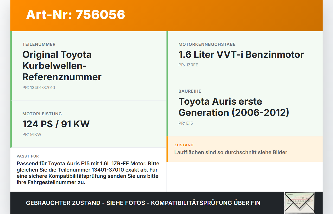 Toyota Auris E15 06-10 1,6 91KW 1ZRFE Kurbelwelle Toyota Auris E15 06-10 10.01.2007 1340137010 13401-37010... Vorschau 3