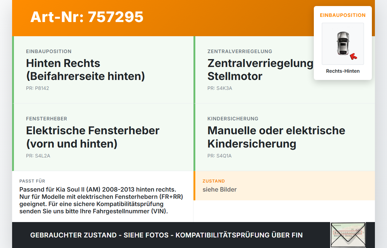 Kia Soul II AM 08-13 Türschloss m. ZV Stellmotor Rechts Hinten Kia Soul II AM 08-13 07.05.2009 81420-2K000 gebraucht Vorschau 3