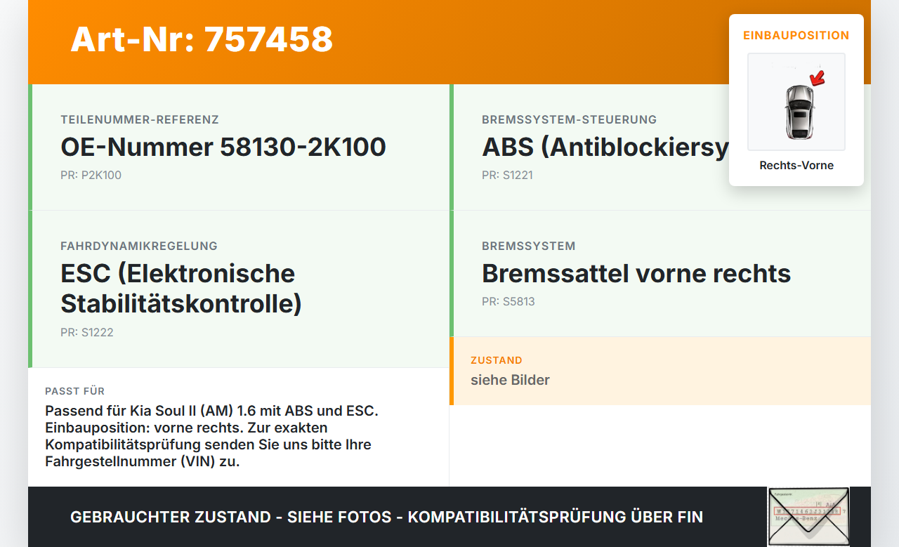 Kia Soul II AM 08-13 1,6 93KW Bremssattel Bremszange Vorne Rechts Kia Soul II AM 08-13 07.05.2009 58130-2K100 gebraucht Vorschau 3