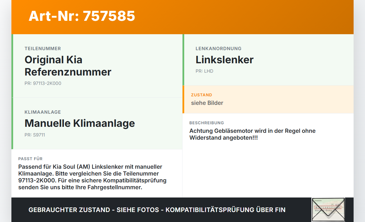 Kia Soul II AM 08-13 Gebläsemotor Lüftermotor Heizungsgebläse Kia Soul II AM 08-13 07.05.2009 97113-2K000 gebraucht Vorschau 3