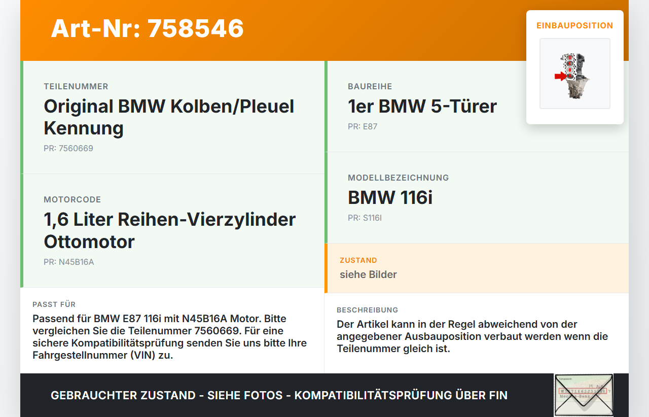 BMW E87 1er 116i 04-07 1,6 85KW N45B16A Kolben mit Pleuel Pos A BMW E87 1er 116i 04-07 15.07.2005 1125-7560669... Vorschau 3