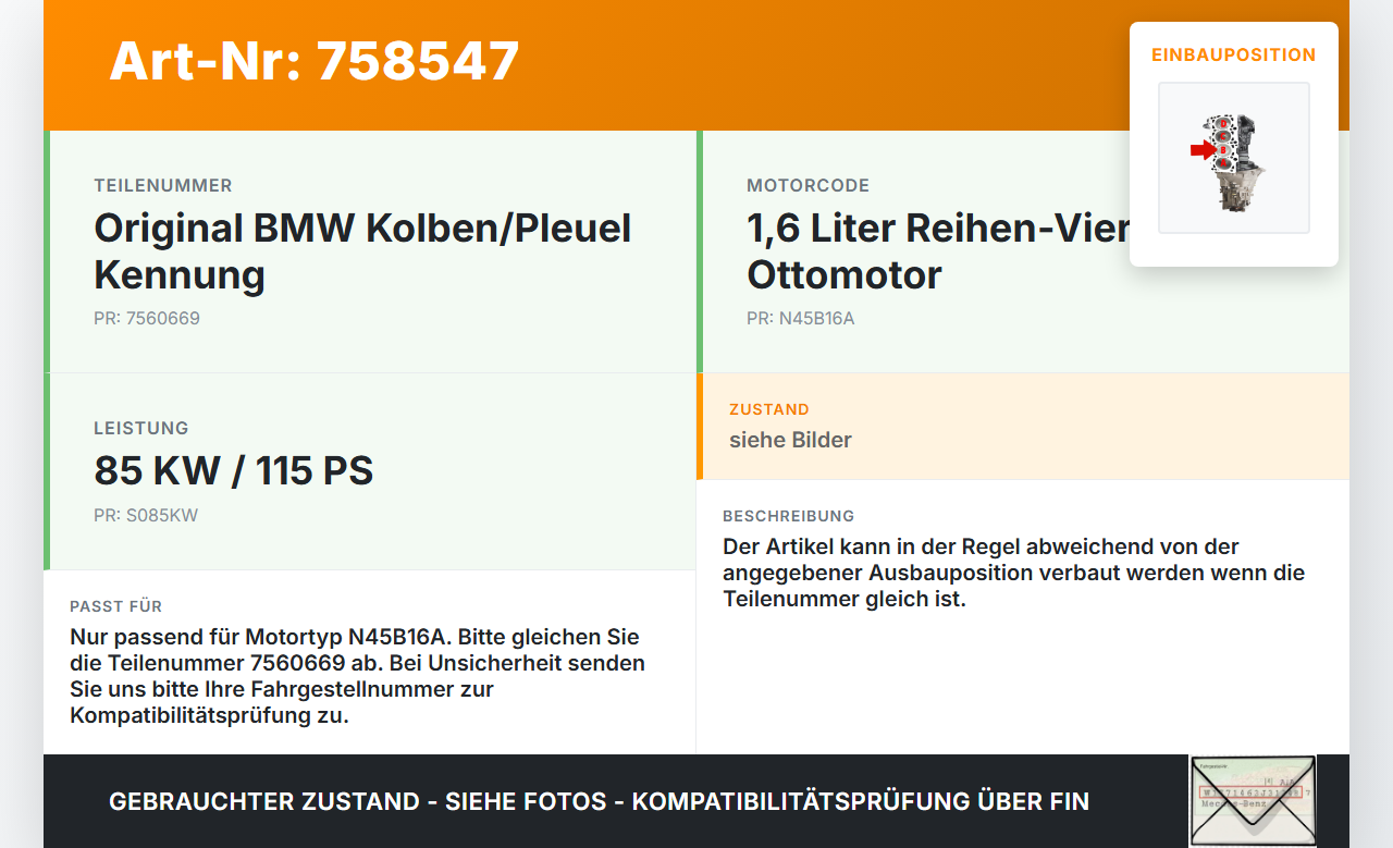 BMW E87 1er 116i 04-07 1,6 85KW N45B16A Kolben mit Pleuel Pos B BMW E87 1er 116i 04-07 15.07.2005 1125-7560669... Vorschau 3