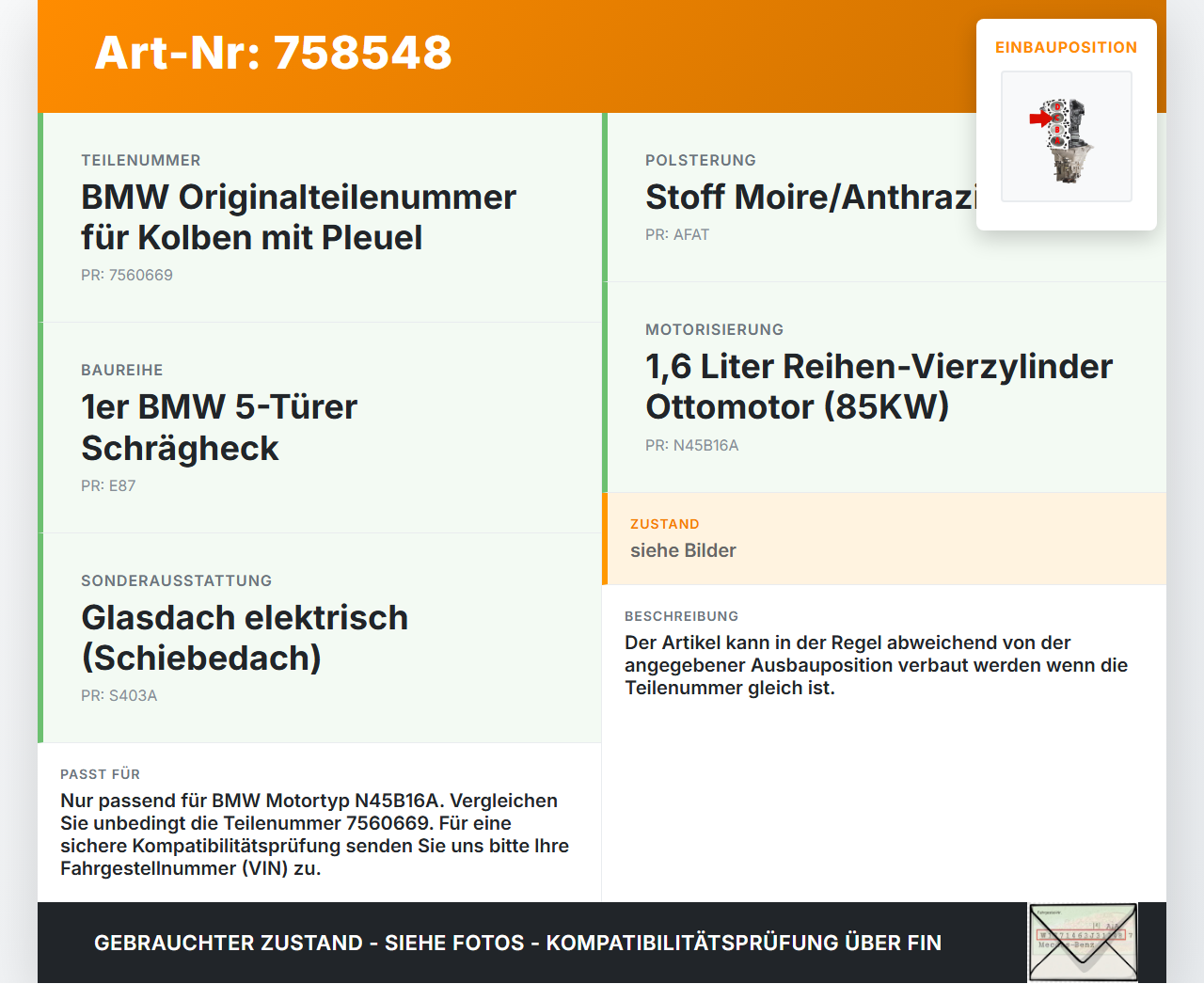 BMW E87 1er 116i 04-07 1,6 85KW N45B16A Kolben mit Pleuel Pos C BMW E87 1er 116i 04-07 15.07.2005 1125-7560669... Vorschau 3