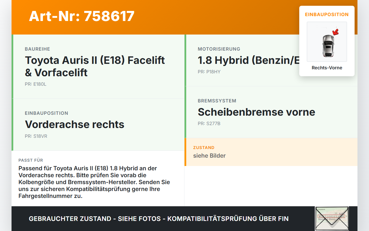 Toyota Auris II E18 12-15 Benzin/1,8 Hybrid 73KW Bremssattel Bremszange Vorne Rechts Toyota Auris II E18 12-15... Vorschau 3