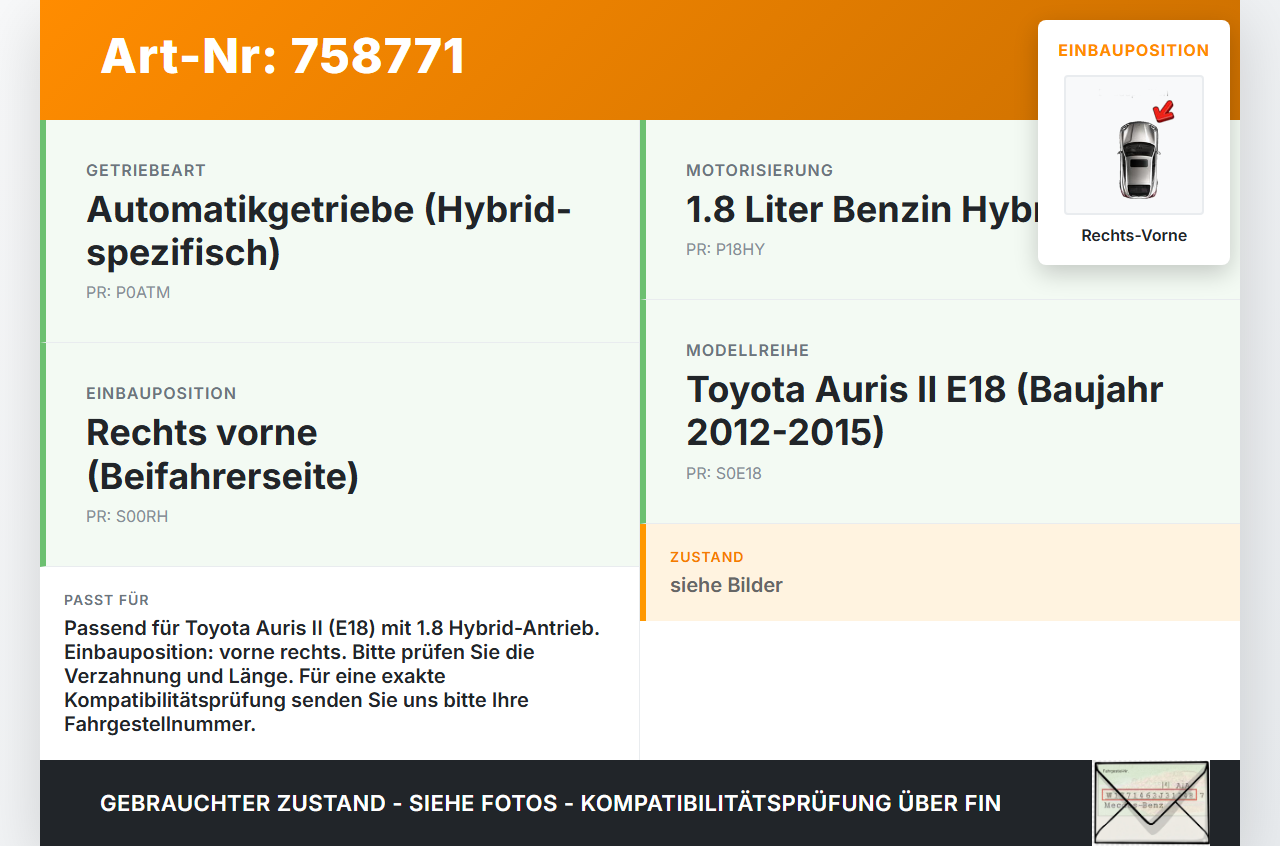 Toyota Auris II E18 12-15 Benzin/1,8 Hybrid 73KW Autom Antriebswelle Gelenkwelle Rechts Vorne Toyota Auris II E18... Vorschau 3