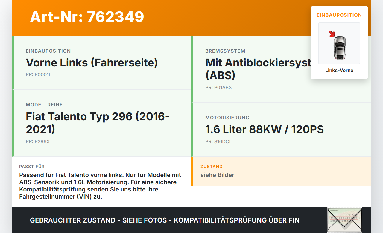 Fiat Talento 296 16-21  1,6 88KW Achsschenkel Radnabe mit ABS Links Vorne Fiat Talento 296 16-21 03.10.2018... Vorschau 3