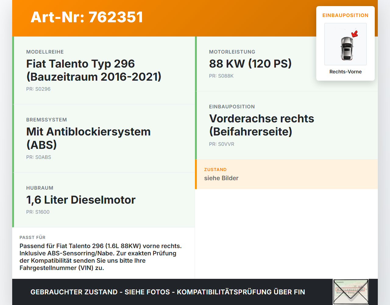 Fiat Talento 296 16-21  1,6 88KW Achsschenkel Radnabe mit ABS Rechts Vorne Fiat Talento 296 16-21 03.10.2018... Vorschau 3