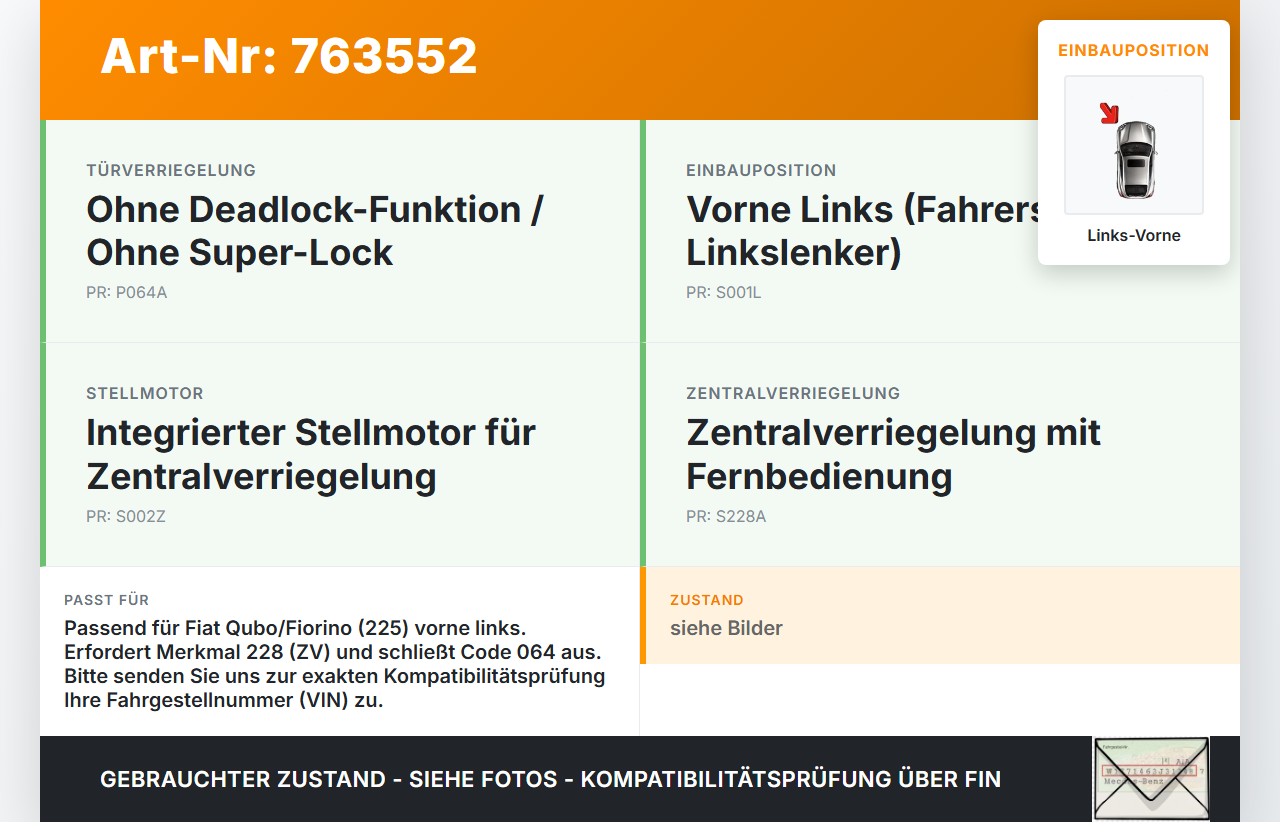 Fiat Qubo Fiorino 225 08-16 Kasten/Kombi Türschloss mit ZV Stellmotor Links Vorne Fiat Qubo Fiorino 225 08-16... Vorschau 3