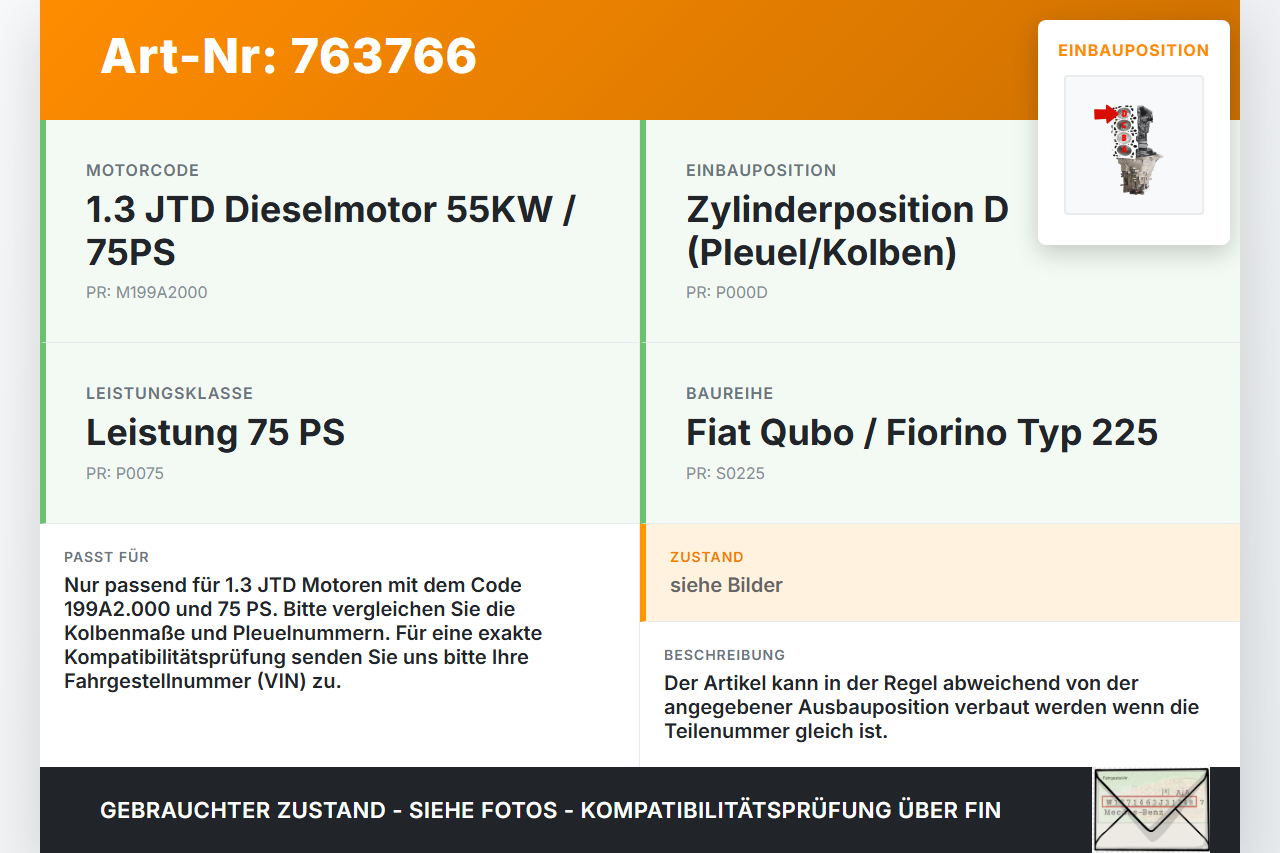 Fiat Qubo Fiorino 225 08-16 JTD 1,3 55KW 199A2.000 Kolben mit Pleuel Pos D Fiat Qubo Fiorino 225 08-16 27.07.2011... Vorschau 3