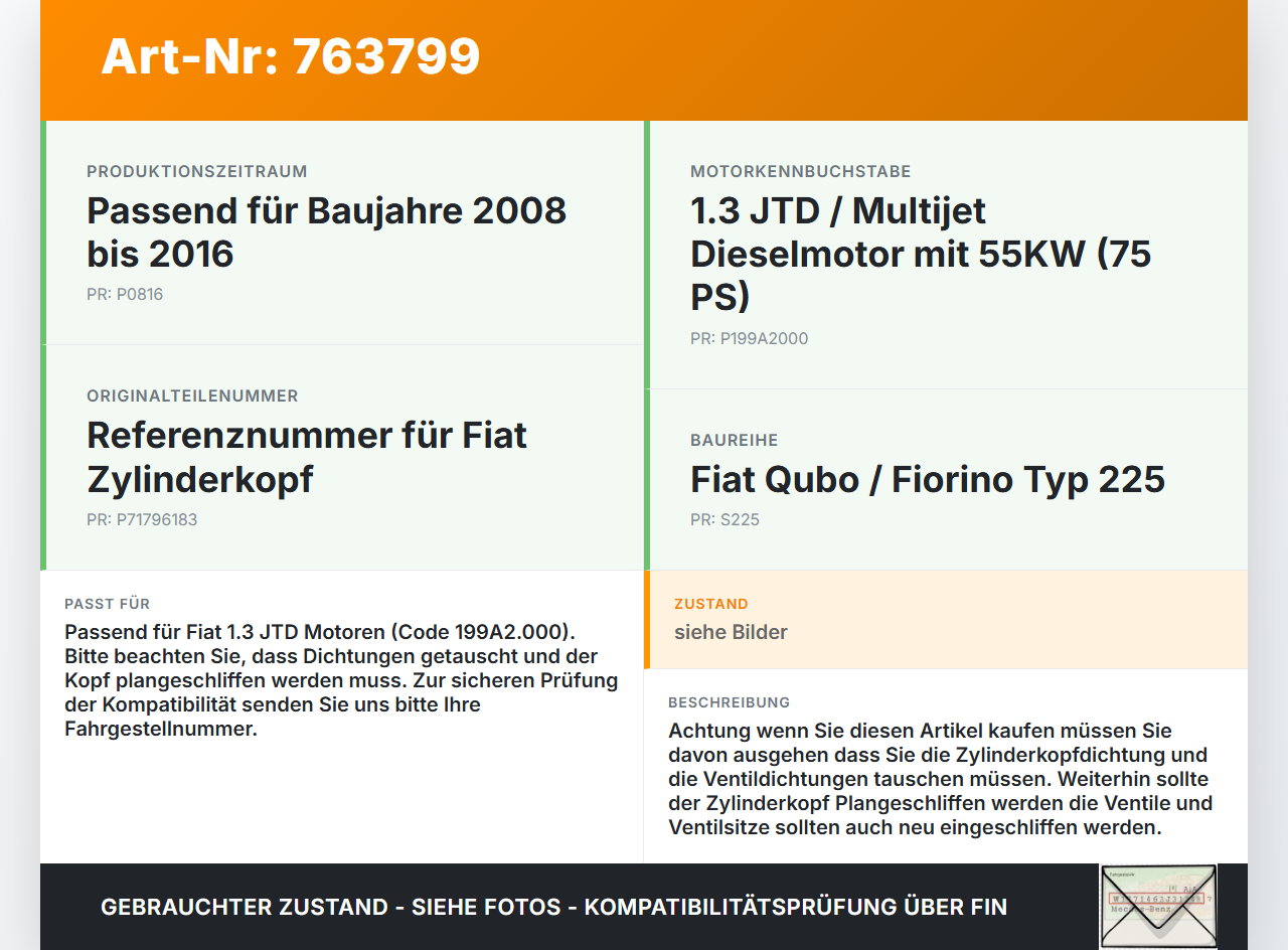 Fiat Qubo Fiorino 225 08-16 JTD 1,3 55KW 199A2.000 Zylinderkopf Fiat Qubo Fiorino 225 08-16 27.07.2011 71796183... Vorschau 3