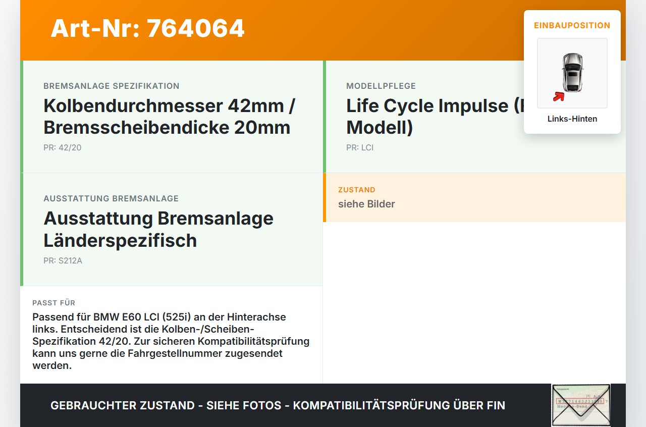 BMW E60 5er 525I LCi 07-10 3,0 160KW Bremssattel Bremszange Hinten Links 42/20 BMW E60 5er 525I LCi 07-10... Vorschau 3