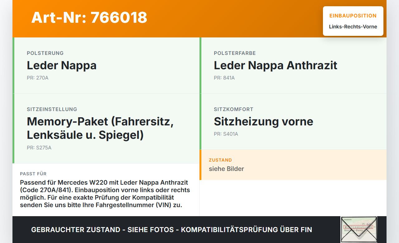 Mercedes S-Kl. W220 S320 02-05  Leder Kopfstütze für Beifahrer Sitz Rechts oder Links Vorne Mercedes S-Kl. W220... Vorschau 3