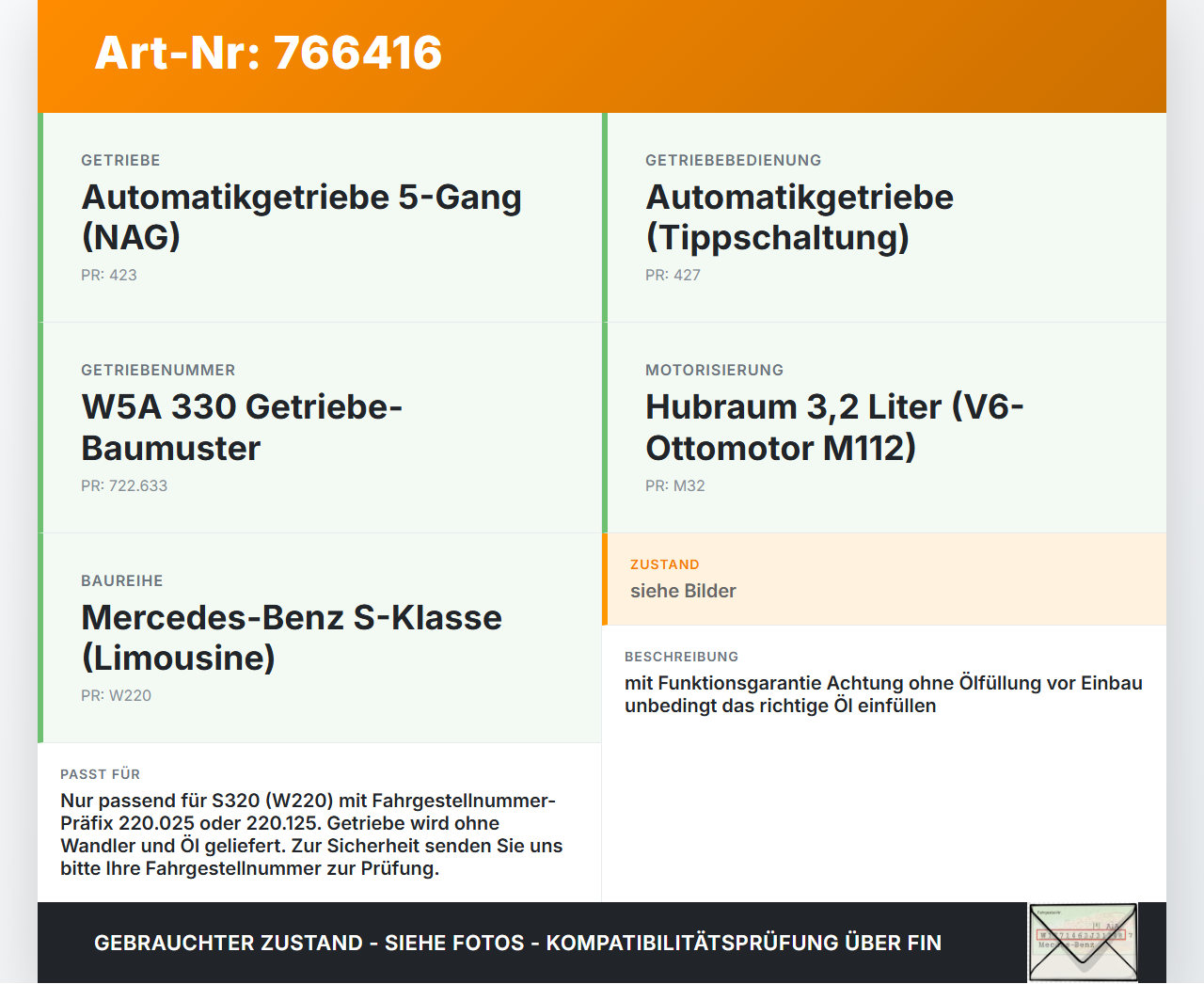 Mercedes S-Kl. W220 S320 02-05 CDI 3,2 150KW 648960 Automatikgetriebe Getriebe ohne Wandler 722633 Mercedes S-Kl... Vorschau 3