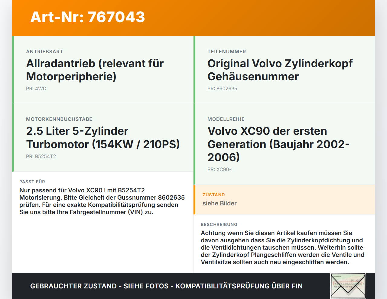 Volvo XC90 I 02-06 2,5 154KW B5254T2 Zylinderkopf Volvo XC90 I 02-06 04.07.2006 8602635 1001837007 gebraucht Vorschau 3