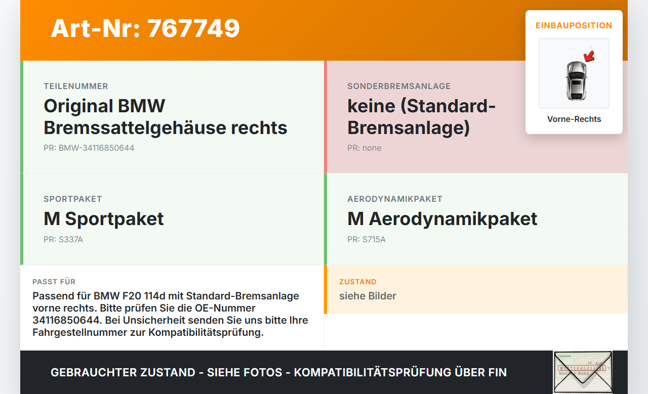 BMW 1er 114d F20 11-15 1,4d 70KW Bremssattel Bremszange Vorne Rechts BMW 1er 114d F20 11-15 21.04.2015 3411-6850644... Vorschau 3