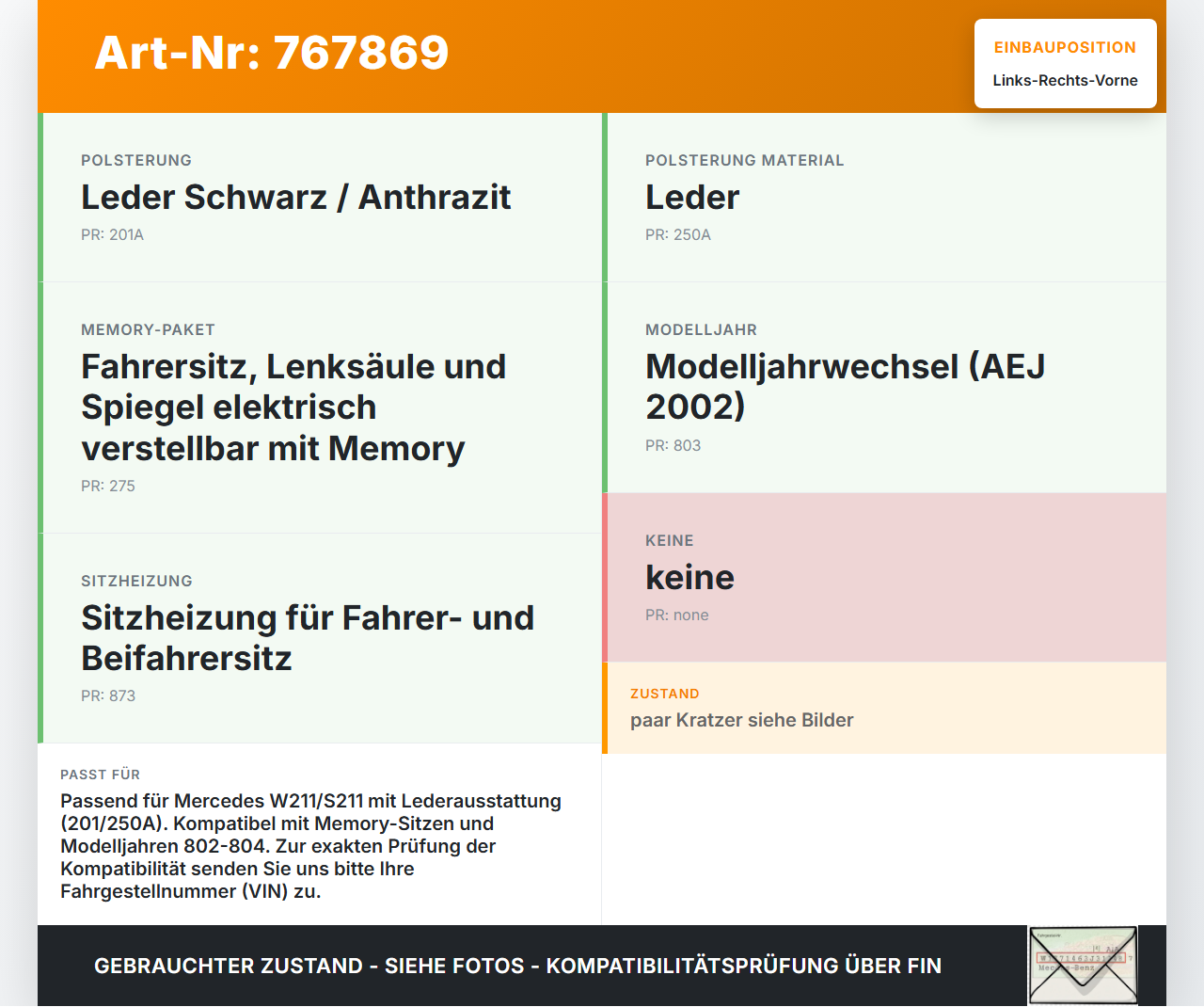 Mercedes S211 W211 E320 02-06 Leder Kopfstütze für Fahrer Sitz Rechts oder Links Vorne Mercedes S211 W211 E320... Vorschau 3