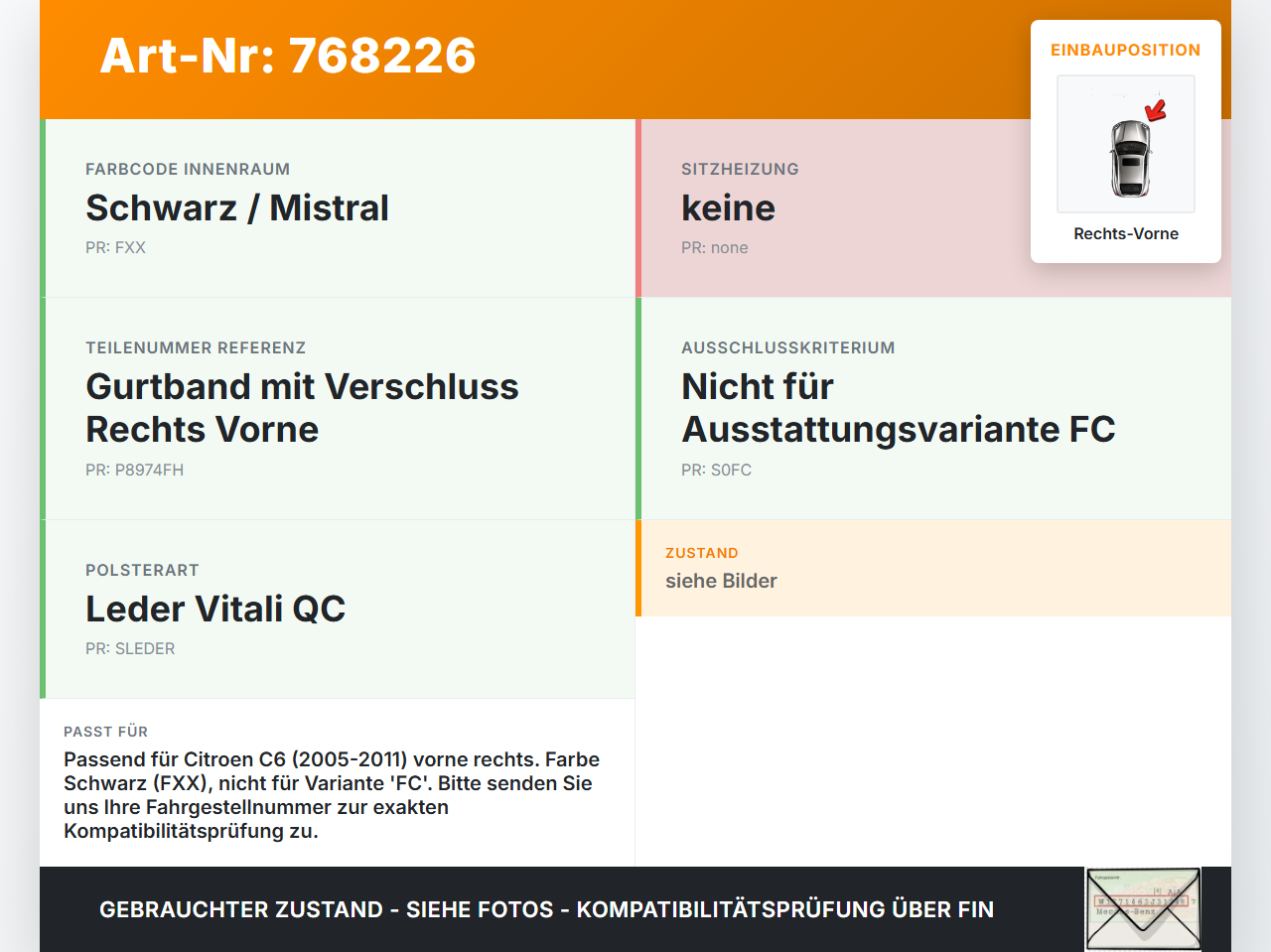 Citroen C6 05-11 Lim Gurtschloss Rechts Vorne Citroen C6 05-11 01.01.2006 8974FH gebraucht Vorschau 3