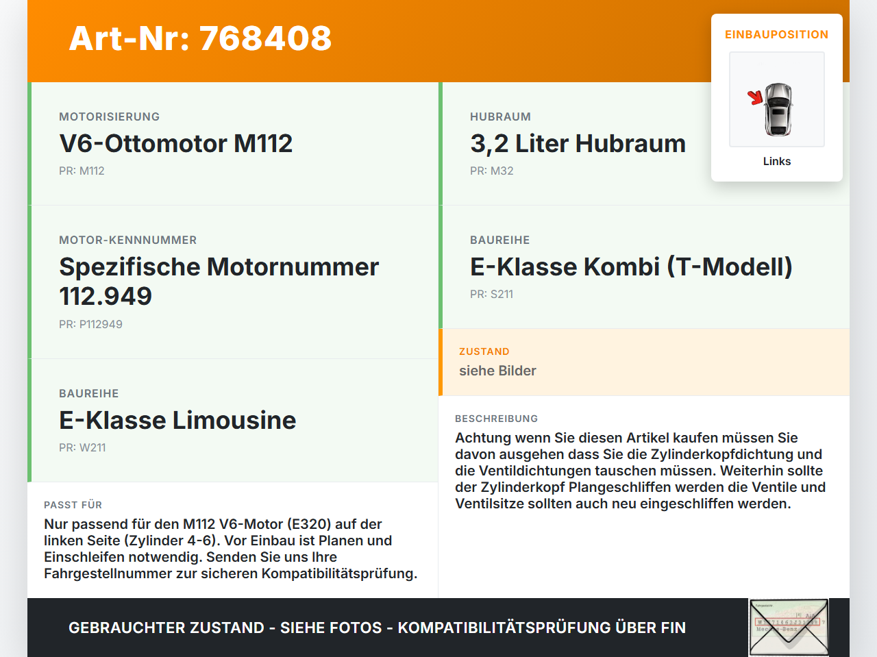 Mercedes S211 W211 E320 02-06 3,2 165KW 112949 Zylinderkopf Links Mercedes S211 W211 E320 02-06 30.11.2005... Vorschau 3