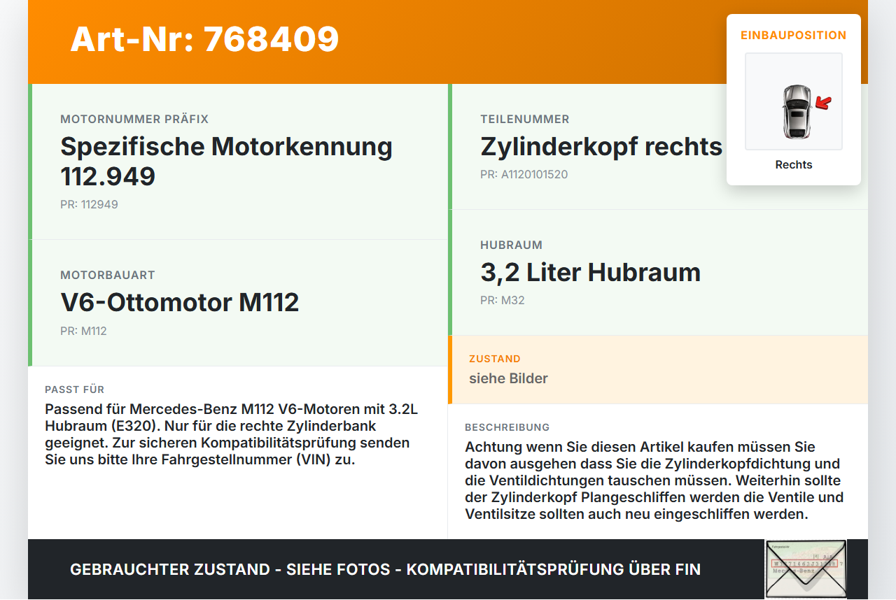 Mercedes S211 W211 E320 02-06 3,2 165KW 112949 Zylinderkopf Rechts Mercedes S211 W211 E320 02-06 30.11.2005... Vorschau 3