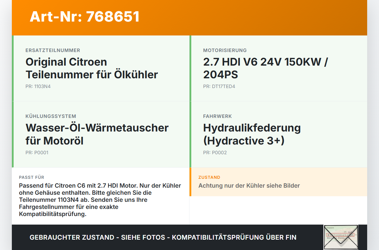 Citroen C6 05-11 HDI 2,7 150KW Ölkühler Citroen C6 05-11 01.01.2006 1103N4 gebraucht Vorschau 3