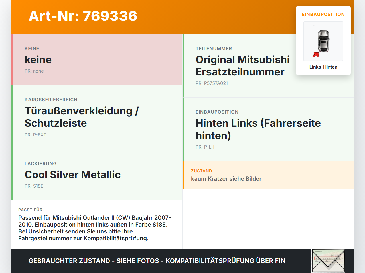 Mitsubishi Outlander CW II 07-10 Türleiste Links Hinten Aussen S18E Mitsubishi Outlander CW II 07-10 25.11.2007... Vorschau 3