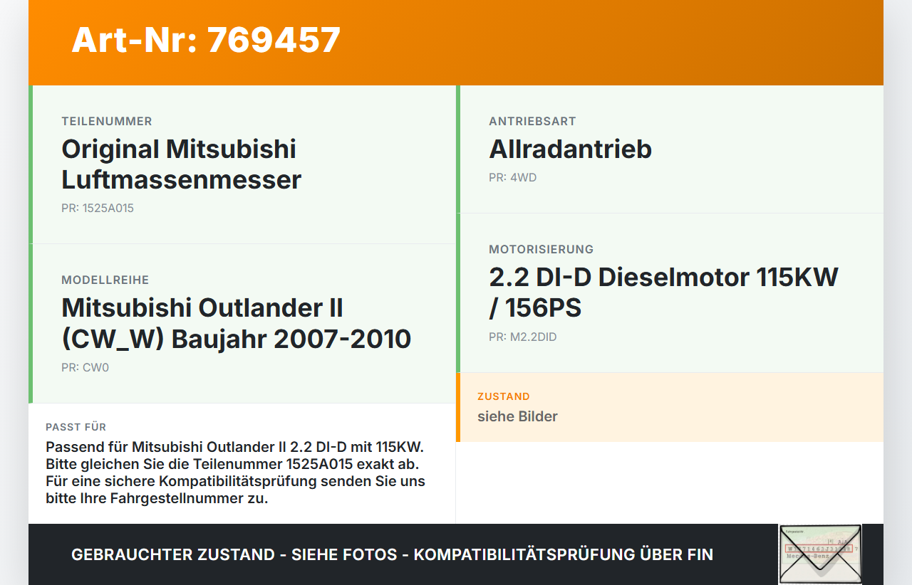 Mitsubishi Outlander CW II 07-10 DI-D 2,2 115KW Luftmassenmesser Mitsubishi Outlander CW II 07-10 25.11.2007... Vorschau 3