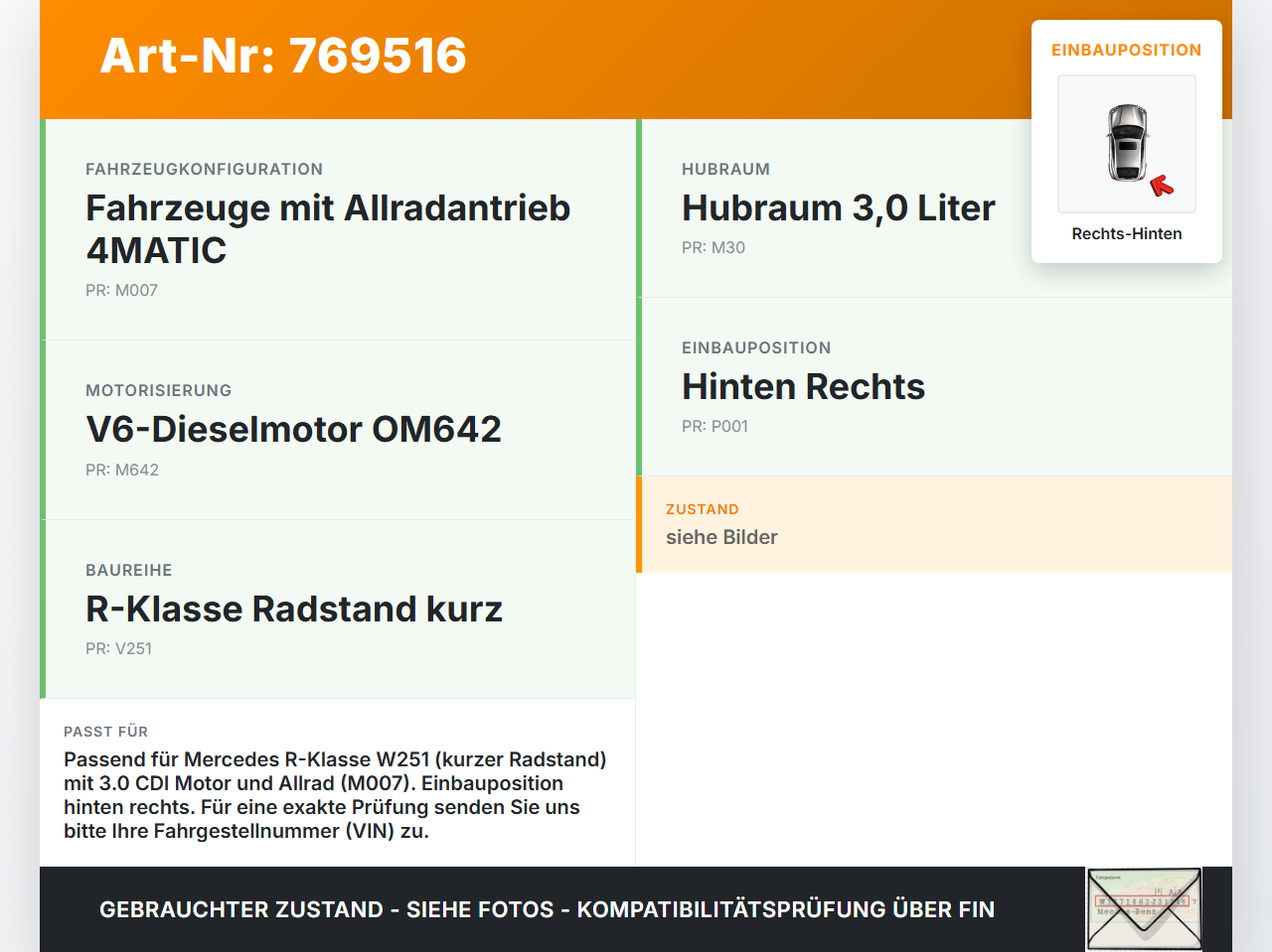 Mercedes W251 R300 07-10 Kurz CDI 3,0 140KW Antriebswelle Gelenkwelle Rechts Hinten Mercedes W251 R300 07-10... Vorschau 3