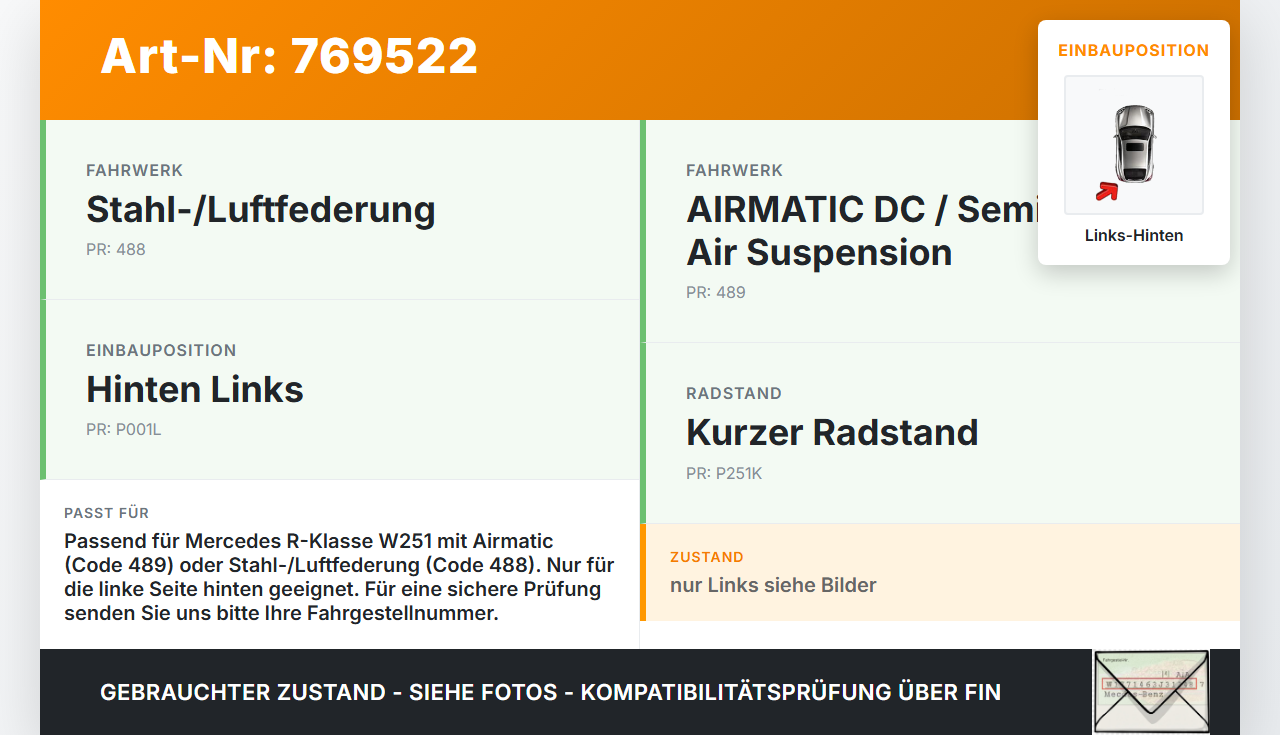 Mercedes W251 R300 07-10 Kurz Federbalg Luftbalg Luftfahrwerk Airmatic Hinten Links Mercedes W251 R300 07-10... Vorschau 3