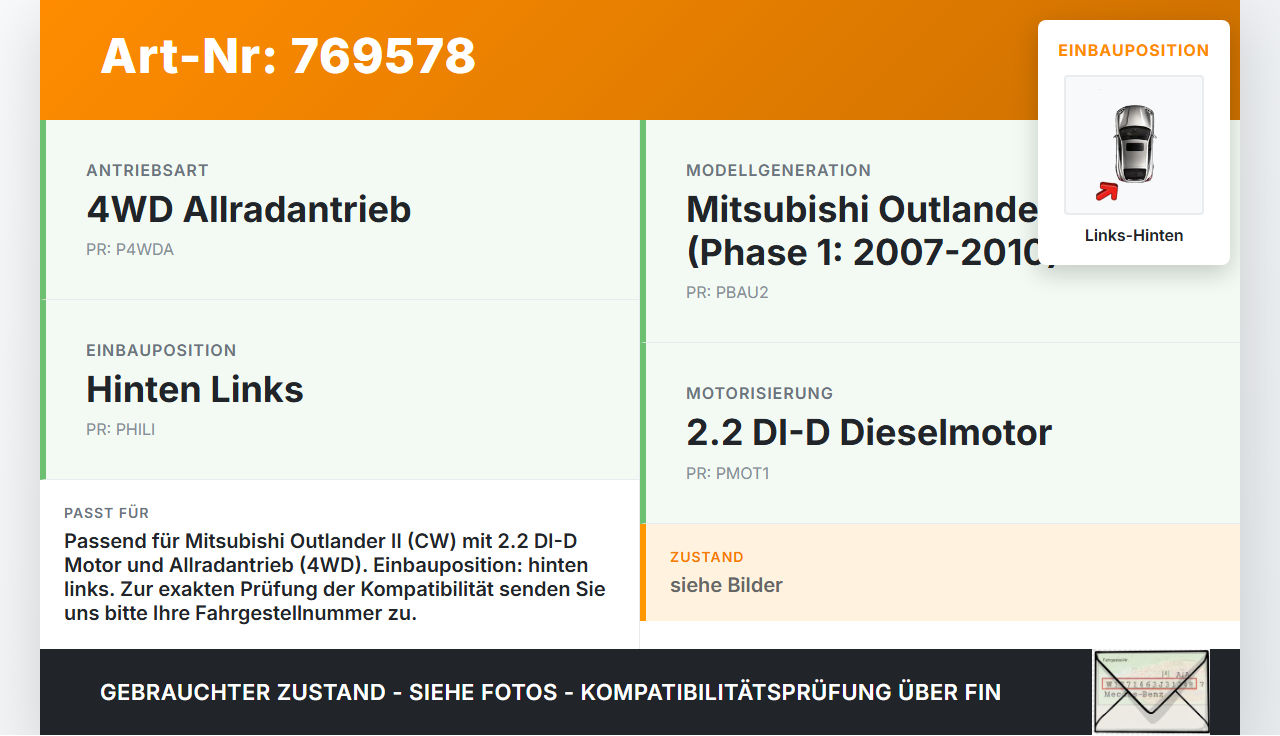 Mitsubishi Outlander CW II 07-10  DI-D 2,2 115KW 4WD Antriebswelle Gelenkwelle Hinten Links Mitsubishi Outlander CW... Vorschau 3