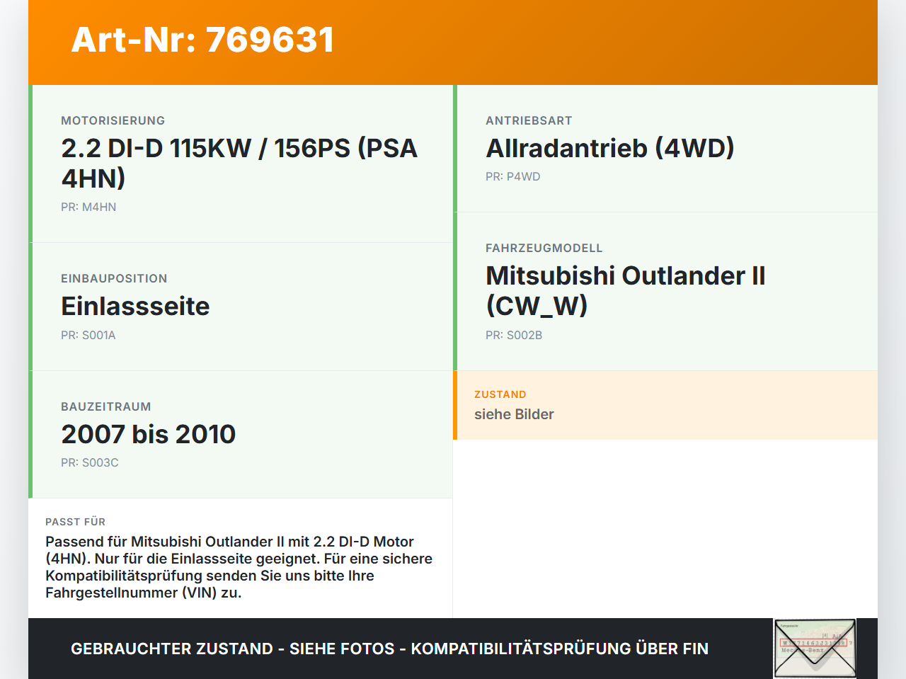 Mitsubishi Outlander CW II 07-10 DI-D 2,2 115KW 4HN Nockenwelle Einlass Mitsubishi Outlander CW II 07-10 25.11.2007... Vorschau 3