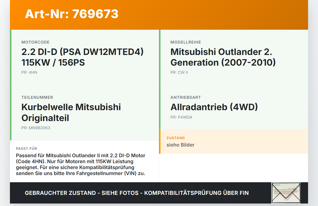 Mitsubishi Outlander CW II 07-10 DI-D 2,2 115KW 4HN Kurbelwelle Mitsubishi Outlander CW II 07-10 25.11.2007... Vorschau 3